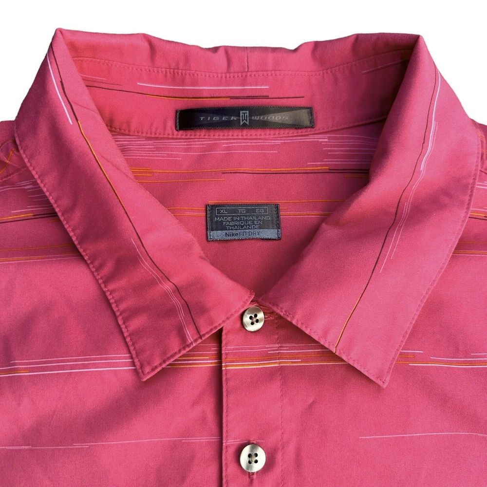 Tiger Woods‎ Nike Fit Dry Men's XL Golf Polo Shirt Pink Striped Stretch Comfort